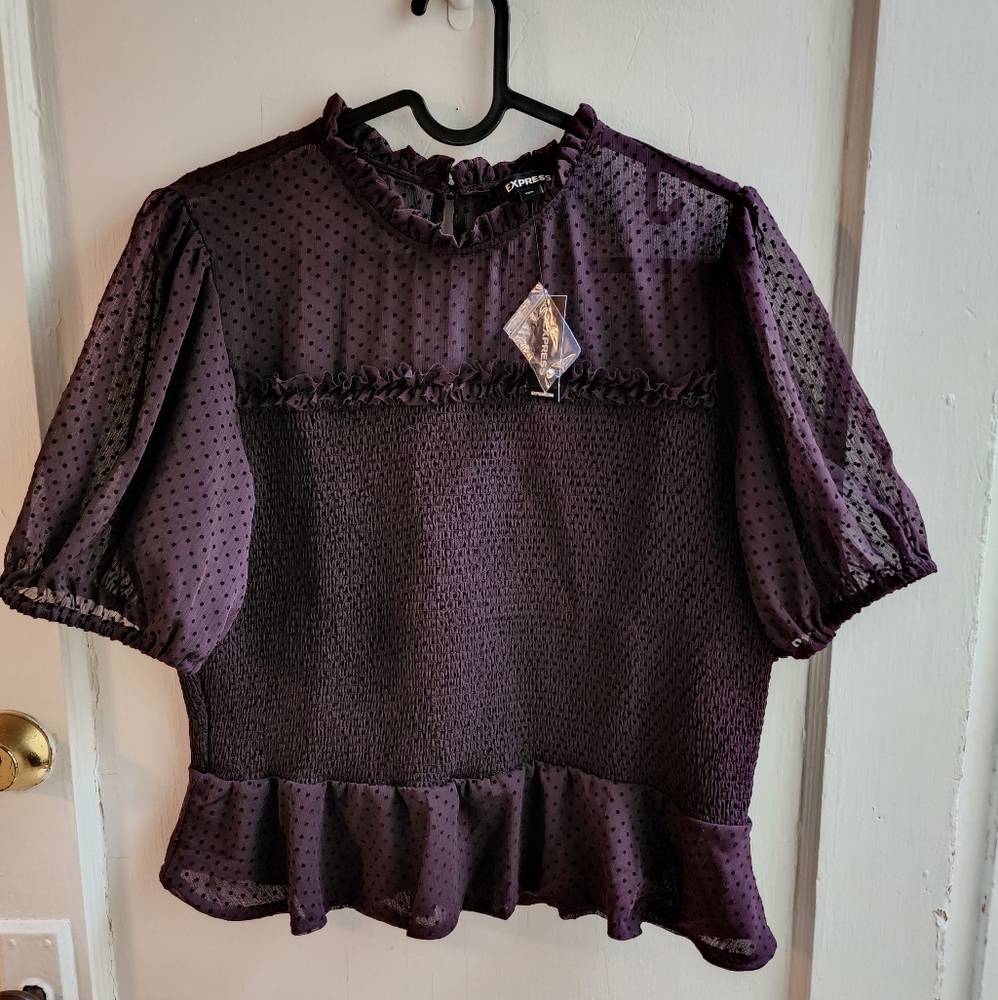 EXPRESS Polka Dot Smocked Peplum Top, Size XL, Color Dark Purple, NEW